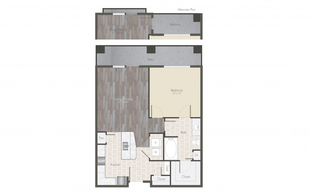 A1 - 1 bedroom floorplan layout with 1 bath and 710 to 816 square feet.