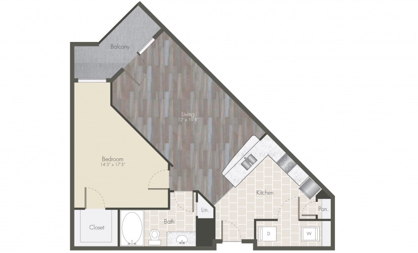 A2 - 1 bedroom floorplan layout with 1 bathroom and 764 square feet
