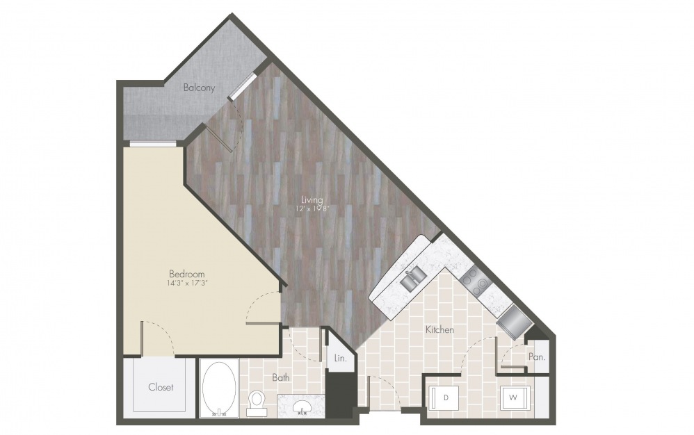 A2 - 1 bedroom floorplan layout with 1 bath and 764 square feet.