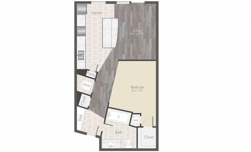 A - 1 bedroom floorplan layout with 1 bathroom and 558 - 571 square feet