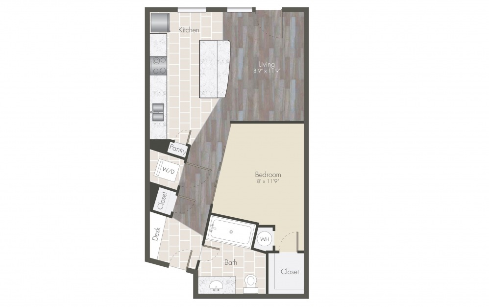 A - 1 bedroom floorplan layout with 1 bath and 558 to 571 square feet.