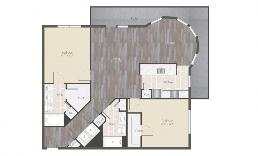 B1 - 2 bedroom floorplan layout with 2 bathrooms and 1216 - 1531 square feet