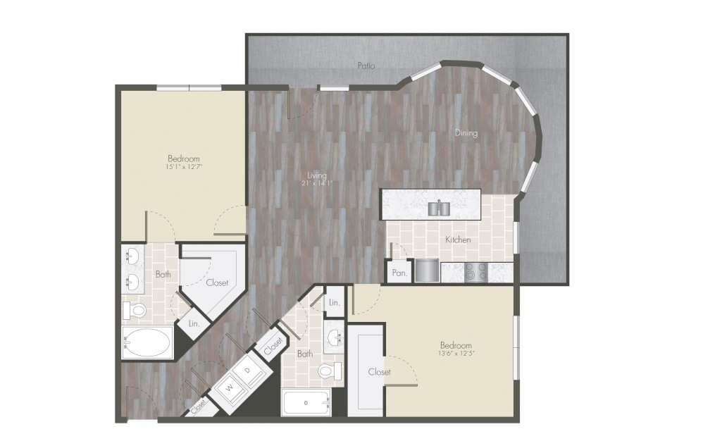B1 - 2 bedroom floorplan layout with 2 baths and 1216 to 1531 square feet.