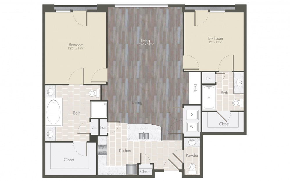 B2 - 2 bedroom floorplan layout with 2.5 baths and 1286 to 1366 square feet.
