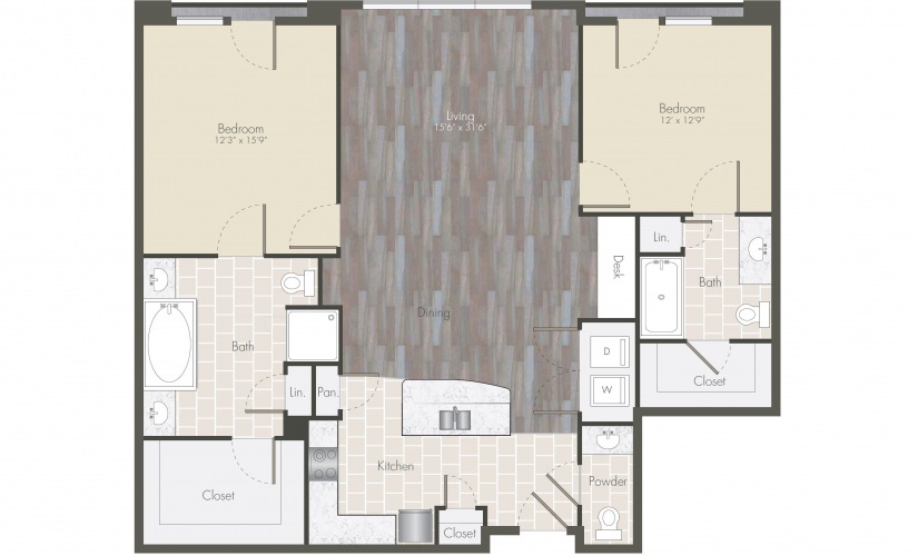 B2 - 2 bedroom floorplan layout with 2.5 bathrooms and 1286 - 1366 square feet