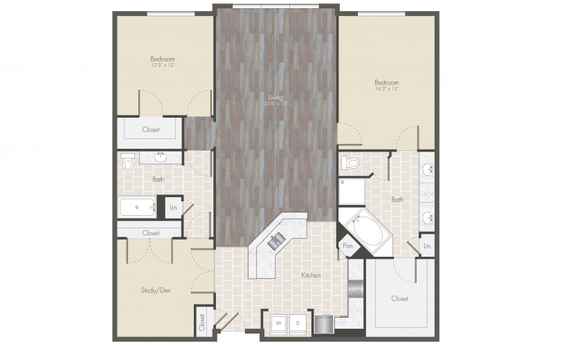 B3 - 2 bedroom floorplan layout with 2 bathrooms and 1608 - 1672 square feet
