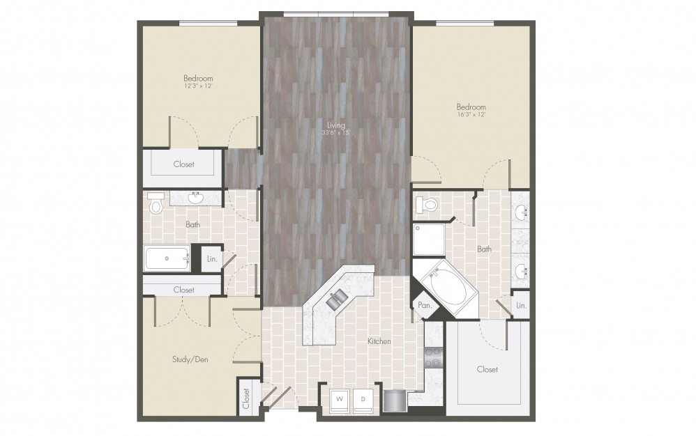 B3 - 2 bedroom floorplan layout with 2 baths and 1608 to 1672 square feet.