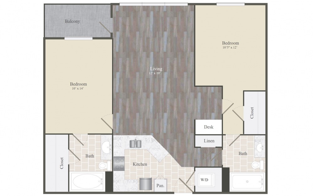 B - 2 bedroom floorplan layout with 2 baths and 1091 square feet.