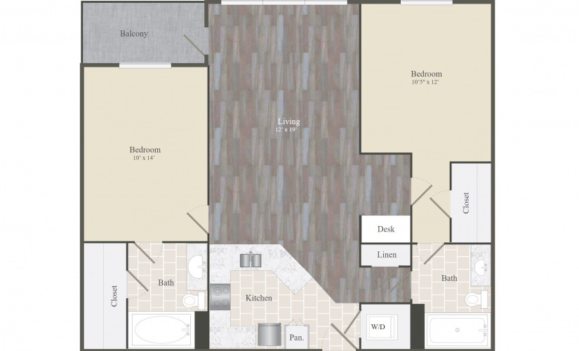 B - 2 bedroom floorplan layout with 2 bathrooms and 1091 square feet