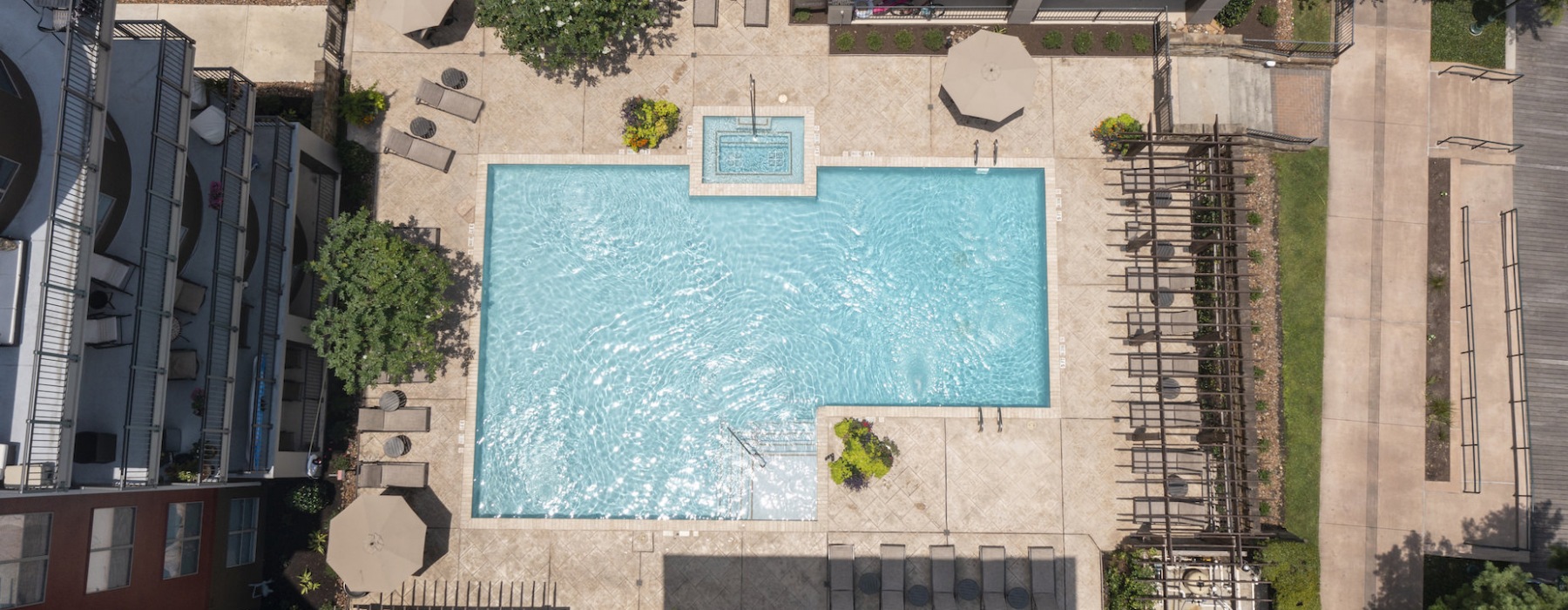 aerial of pool, courtyard and landscaping